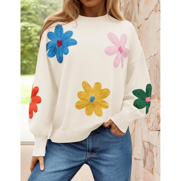 Women's Fall Long Puff Sleeve Crewneck Ribbed Knit Flower Loose Pullover Sweater - Picture 7 of 8